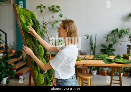 Jeune fleuriste heureux décorateur créant panneau de mousse de plante Banque D'Images