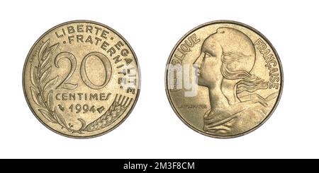 France 20 centimes, 1994 sur fond blanc Banque D'Images