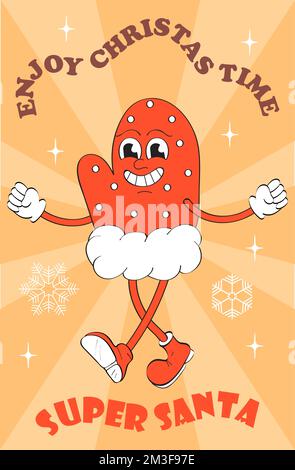 Personnage de la mascotte du nouvel an, vecteur rétro. Holly jolly cadeau, fou, groovy carte de noël. Illustration de Vecteur