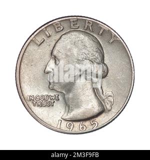 1/4 dollar US, 1965 Washington's Quarter sur fond blanc Banque D'Images