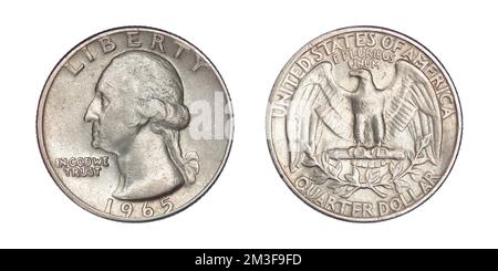 1/4 dollar US, 1965 Washington's Quarter sur fond blanc Banque D'Images