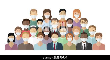 Groupe de personnes de différentes nationalités dans des masques médicaux. Illustration vectorielle. Illustration de Vecteur