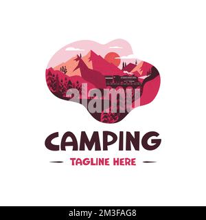 Badge de camping avec paysage, train et forêt rose mignons. Logos de voyage. Étiquette vecteur de stock Illustration de Vecteur