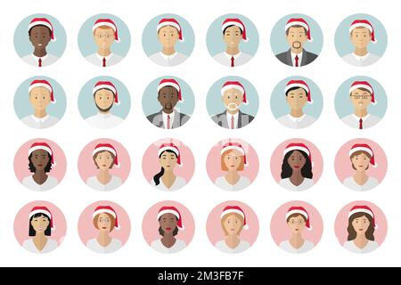 Hommes et femmes en chapeaux rouges. Ensemble d'avatars de profil de Noël. Vecteur. Illustration de Vecteur
