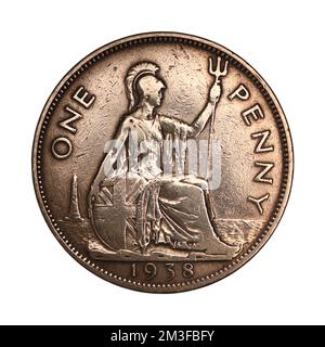 Grande-Bretagne 1 pence 1938 sur fond blanc Banque D'Images