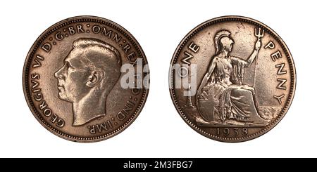 Grande-Bretagne 1 pence 1938 sur fond blanc Banque D'Images