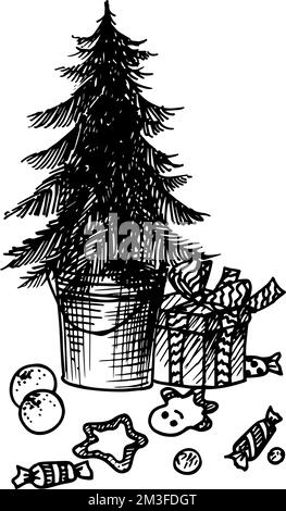 Noir Monochrome couleur Illustration pour Joyeux Noël et Joyeux nouvel an imprimé. Motif graphique arbre de Noël et cadeaux Illustration de Vecteur