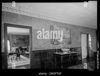 Marblehead, Lee Mansion, hall supérieur : papier, hall d'atterrissage et salle de dessin au-delà, éléments architecturaux, salles et espaces, Fonds d'écran. Collection de négatifs photographiques Samuel Chamberlain Banque D'Images