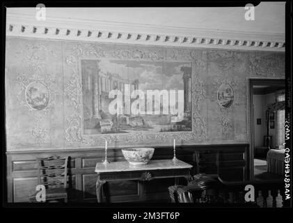 Marblehead, Lee Mansion. Hall supérieur: Papier, panneau horizontal et aperçu de la chambre à coucher, éléments architecturaux, intérieurs, Fonds d'écran. Collection de négatifs photographiques Samuel Chamberlain Banque D'Images