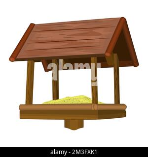 Mangeoire à oiseaux sur fond blanc. Oiseaux et nourriture pour l'hivernage des oiseaux. Cabane à oiseaux d'hiver avec graines. Table d'oiseau en bois sur un poteau.illustration vectorielle Illustration de Vecteur