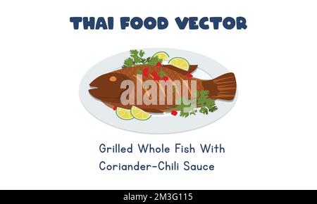 Thai Grilled poisson entier avec Coriander - Chili sauce dessin vectoriel plat, style dessin animé clipart. Cuisine asiatique. Cuisine thaïlandaise. Cuisine thaïlandaise Illustration de Vecteur