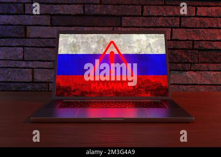 Ordinateur portable montrant le drapeau national de la Russie et un signe d'avertissement de malware. Le concept des cyber-menaces, DES ATTAQUES DDOS et des activités de piratage liées à la Russie Banque D'Images