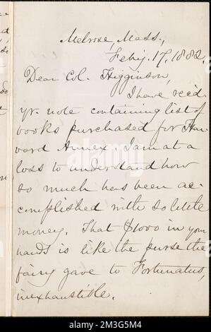 Mary Ashton Rice Livermore lettre autographe signée à Thomas Wentworth Higginson, Melrose, Mass., 17 février 1882 , Abolitionnistes, États-Unis, Histoire, 19th siècle, Femmes, suffrage, Wilde, Oscar, 1854-1900, Whitman, Walt, 1819-1892. Thomas Wentworth Higginson correspondance Banque D'Images