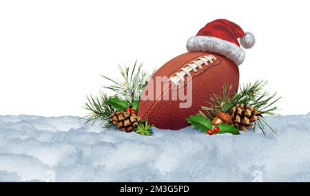 Sports de football d'hiver et de vacances de Noël comme un sport américain pendant la saison froide ou l'objectif de terrain et de toucher sur un terrain avec de la neige et du pin Banque D'Images