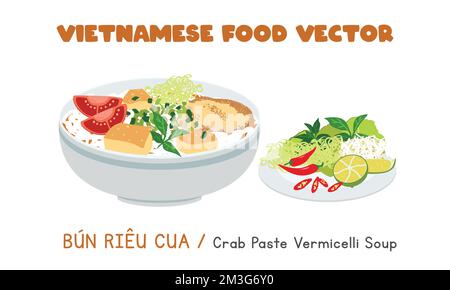 Pâte de crabe vietnamienne et soupe de nouilles de riz vermicelles de tomate à motif vectoriel plat. Style de dessin animé de type falaise Bun Rieu Cua. Cuisine asiatique. Cuisine vietnamienne Illustration de Vecteur