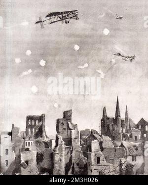Un avion allemand forcé à la terre par deux machines britanniques au milieu de nuages d'éclats allemands à Ypres. Illustration de 1915. Banque D'Images