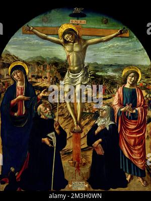 Crocifissione ei Santi Benedetto e Scolastica - Crucifixion avec Saints Benedict et Scholastica par Andrea di Niccolo 1462-1515 Christian Art, Italie, Italien. Banque D'Images