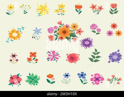 Un ensemble de fleurs colorées isolées sur fond blanc Illustration de Vecteur