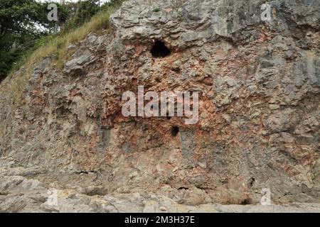 Érosion de l'eau dans le front de roche sur la plage de Silverdale Cove, Silverdale, Cumbria, Angleterre, Royaume-Uni Banque D'Images