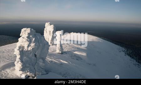Vue sur la montagne en hiver depuis une vue plongeante. Clip.grandes montagnes sous la neige et la glace sur une montagne enneigée et une forêt verte avec de grands arbres est visible b Banque D'Images