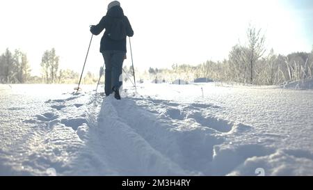 Vue arrière au ralenti des skieurs qui skient sur le sentier enneigé par une journée hivernale glacielle. Créatif. Les gens qui font de la randonnée et se déplacent dans la neige Banque D'Images