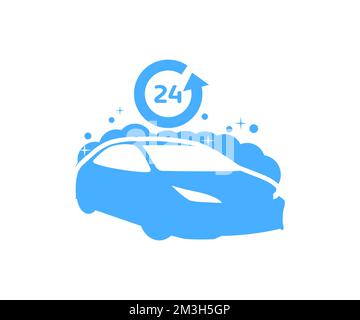Car Wash concept, 24 heures, conception du logo Automotive Cleaning. Nettoyage et polissage automatiques. Lavage de voiture extérieur avec motif et illustration de vecteur de savon en mousse. Illustration de Vecteur