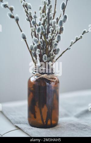 Un gros plan d'un bouquet de branches de saule dans un vase en verre brun comme décoration intérieure pour les vacances de Pâques. Photo de haute qualité Banque D'Images