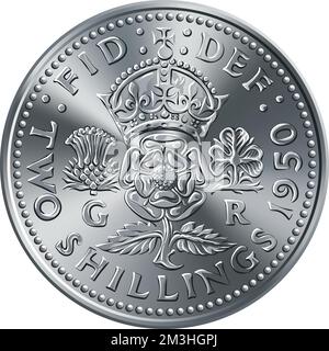 Monnaie britannique deux shillings, le roi George VI florin, à l'envers avec la rose couronnée, le chardon et le shamrock, Rosa Tudor - emblème de l'Angleterre Illustration de Vecteur