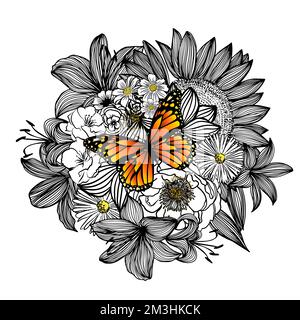 Fleurs graphiques à abstraction monochrome et papillon orange. Illustration vectorielle Illustration de Vecteur