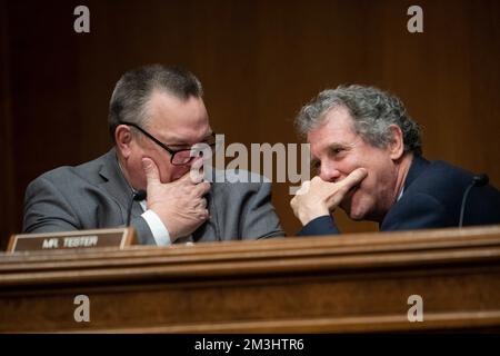 Washington DC, États-Unis. 15th décembre 2022. Le sénateur américain Jon Tester (démocrate du Montana), à gauche, s'entretient avec le sénateur américain Sherrod Brown (démocrate de l'Ohio), président du Comité sénatorial américain des banques, du logement et des affaires urbaines, à droite, lors d'un comité sénatorial des banques, du logement, Et lors de l'audience des Affaires urbaines pour examiner le rapport semestriel du Bureau de la protection financière des consommateurs au Congrès, dans l'immeuble du Bureau du Sénat Dirksen à Washington, DC, jeudi, 15 décembre 2022. Credit: Rod Lamkey/CNP/dpa/Alay Live News Banque D'Images