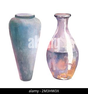 Flacons et vase en verre, illustration aquarelle isolée sur fond blanc. Vase pour fleurs. Illustration aquarelle. Banque D'Images