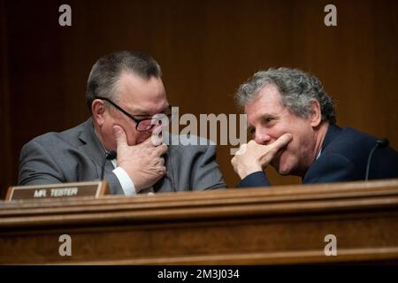 Washington, États-Unis d'Amérique. 15th décembre 2022. Le sénateur américain Jon Tester (démocrate du Montana), à gauche, s'entretient avec le sénateur américain Sherrod Brown (démocrate de l'Ohio), président du Comité sénatorial américain des banques, du logement et des affaires urbaines, à droite, lors d'un comité sénatorial des banques, du logement, Et lors de l'audience des Affaires urbaines pour examiner le rapport semestriel du Bureau de la protection financière des consommateurs au Congrès, dans l'immeuble du Bureau du Sénat Dirksen à Washington, DC, jeudi, 15 décembre 2022. Crédit: Rod Lamkey/CNP/Sipa USA crédit: SIPA USA/Alay Live News Banque D'Images