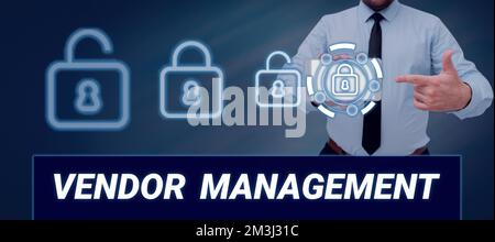 Affichage conceptuel gestion des fournisseurs. Mot pour les activités incluses dans la recherche et l'approvisionnement des fournisseurs Banque D'Images