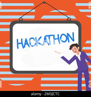 Affiche textuelle montrant Hackathon. Mot écrit sur l'événement où un grand nombre de personnes s'engagent dans la programmation Banque D'Images