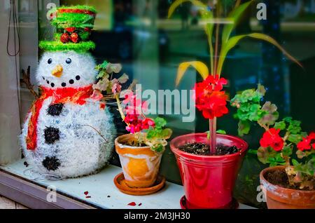 Un bonhomme de neige se trouve dans une vitrine à côté de plantes en pot, le 18 décembre 2017, à Mobile, Alabama. Banque D'Images