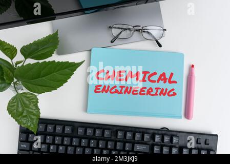 Légende du texte présentant l'ingénierie chimique. Vitrine d'affaires développer des choses traitant de l'application industrielle de la chimie Banque D'Images