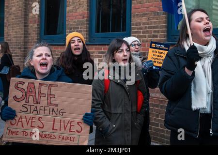 Londres, Royaume-Uni. 15th décembre 2022. Les infirmières tiennent des affiches sur une ligne de piquetage officielle à l'extérieur de l'hôpital Guy. Des infirmières du Royal College of Nursing (RCN), en Angleterre, au pays de Galles et en Irlande du Nord, ont participé à la première de deux grèves de 12 heures sur la rémunération et les conditions de travail, la première de ces sorties massives d'infirmières depuis un siècle. Crédit : Mark Kerrison/Alamy Live News Banque D'Images