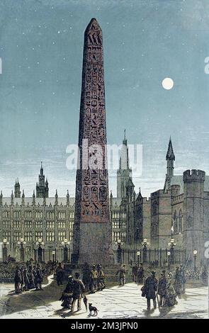 Cleopatras Needle dans la position proposée à Westminster. L'obélisque se trouve maintenant sur le Victoria Embankment. 1878 Banque D'Images