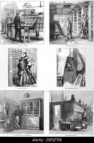 Série de croquis montrant différents départements de l'établissement central de télégraphe au bureau de poste général de Londres. 1874 Banque D'Images
