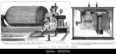 Composants de la lampe électrique brevetée par Thomas Alva Edison (1847 - 1931) en 1879. La lampe a fonctionné en passant un courant électrique à travers un filament de carbone enfermé dans un vide dans une ampoule en verre scellée. Banque D'Images