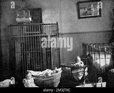 Les bébés en prison dans des chaises et des lits dans la crèche. Banque D'Images