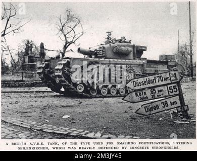 Churchill AVRE Tank entrant dans Geilenkirchen ; seconde Guerre mondiale Banque D'Images