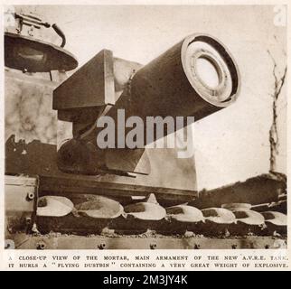 Le mortier Petard sur un char Churchill AVRE (Armoured Vehicle Royal Engineers), France, 1944. Le char Churchill AVRE équipé d'un mortier Petard a été conçu pour attaquer les bunkers et les bastions en béton. La charge tirée par le mortier était communément appelée « poubelle volante ». Banque D'Images