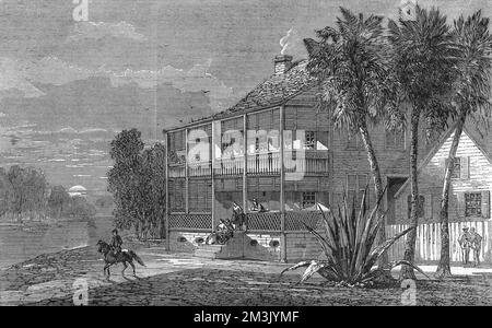 Imposante résidence du planteur sur les rives de la rivière Cumbee, en Caroline du Nord. Date: 1863 Banque D'Images