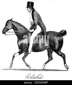 Sir Robert Peel (1788 - 1850), homme d'État anglais et premier ministre, à cheval. Peel était un député conservateur qui avait des vues fortes sur le catholicisme irlandais et le libre-échange contre le protectionnisme, mais il est probablement préférable de se rappeler pour avoir organisé la police de Londres dans les années 1820. Pendant longtemps, les policiers britanniques ont été surnommés « peelers » ou « Bobbies » en référence à Robert Peel. Le 29th juin 1850, Peel a été jeté de son cheval et a subi des blessures mortelles. Banque D'Images