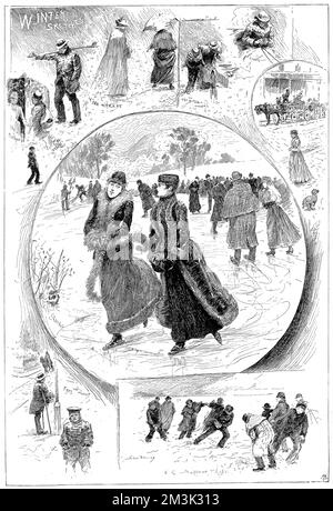 Série d'esquisses de scènes d'hiver. L'image centrale montre deux femmes qui patinent sur un étang. Les images environnantes montrent différentes scènes de rue, avec un groupe d'hommes et de garçons ayant un combat de boule de neige (en bas à droite). 1897 Banque D'Images