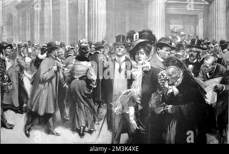 Au cours de l'été 1907, l'économie américaine présentait des signes de faiblesse alors qu'un certain nombre de maisons d'affaires et de maisons de courtage de Wall Street faisaient faillite. En octobre, le respecté Knickerbocker Trust de New York et la Westinghouse Electric Company ont tous deux échoué, déclenchant une série d'événements connus sous le nom de panique. Date : octobre 1907 Banque D'Images