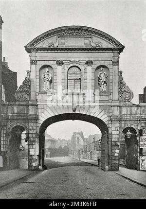 Temple Bar dans The Strand, Londres, avant 1878. Cette année-là, le Bar a été repris et reconstruit à Theobald, Waltham Cross. Plus tard en 2004, il reviendra à Londres et sera reconstruit à la place Paternoster près de St. Cathédrale de Paul. Banque D'Images