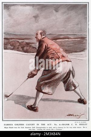 Le Major Hezlet a remporté le championnat irlandais de golf amateur en 1926 et est célèbre pour sa position très large. Il est vu ici en striant le cours comme un Colossus. Date: 1928 Banque D'Images