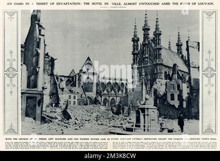 L'Hôtel de ville, Louvain 1915 Banque D'Images